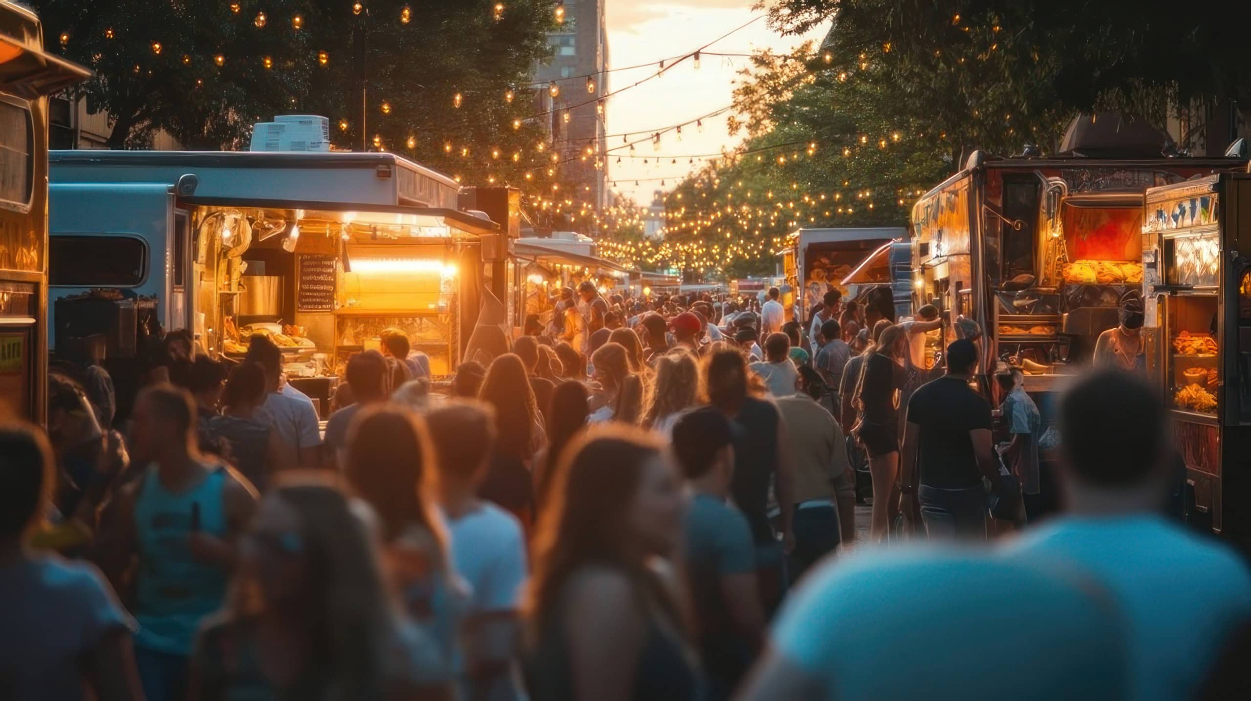 Crowded urban food truck festival at sunset